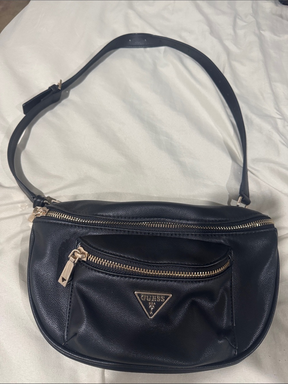 GUESS Black Pebbled Crossbody Belt Bag with Gold Zippers
